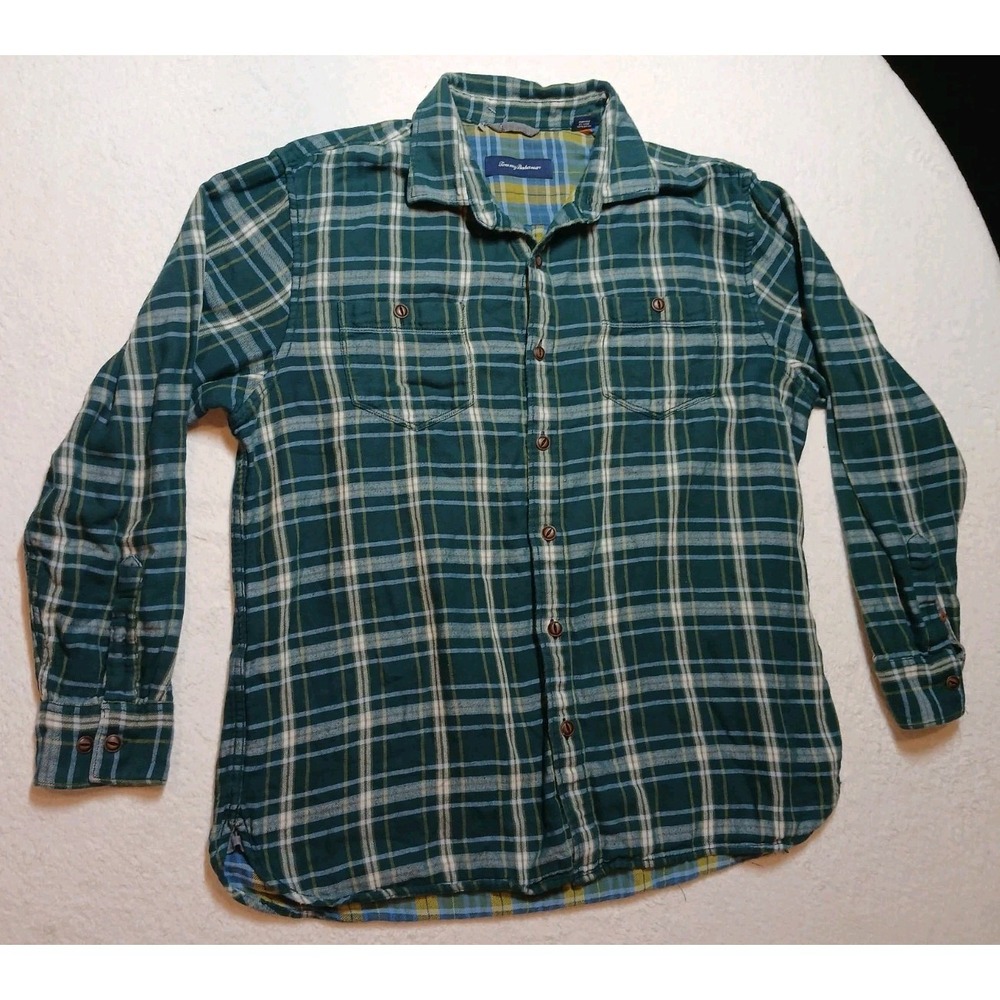 Tommy Bahama Shirt Mens XL Green Flannel Tartan Plaid Copper Buttons Pockets